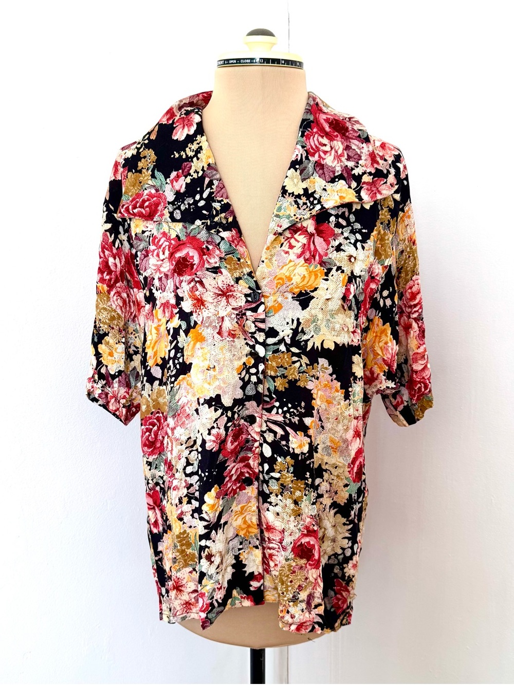 Vintage Black Floral Button-Down Top with Rose and Gold Accents